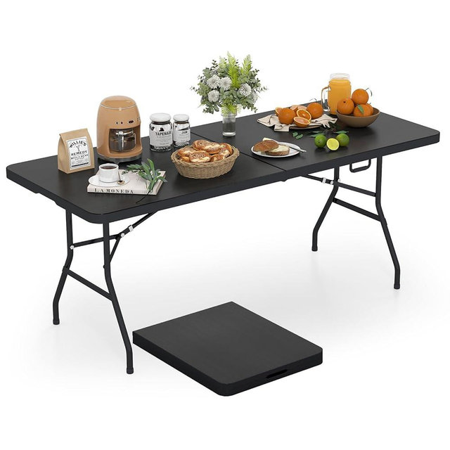 Goplus 6ft Folding Table, Indoor Outdoor Foldable Plastic Folding Tables, Heavy-Duty Rectangular Fold Up Table w/Handle, Portable Utility Card Table for Picnic, Party, Dining, Camping, Beach, Black