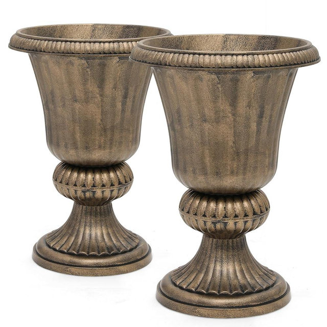 Magshion 20" Urn Planters for Outdoor Plants, Large Decorative Front Porch Planters Set of 2, Weatherproof Tall Plastic Flower Pots for Garden, Patio & Entryway Décor, Antique Brass