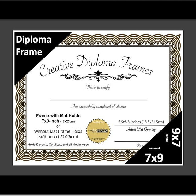 Creative Picture Frames 7x9 Classic Black Diploma Frame with Black Mat Glass Easel and Installed Wall Hangers | Frame Holds 8x10 Media without Mat
