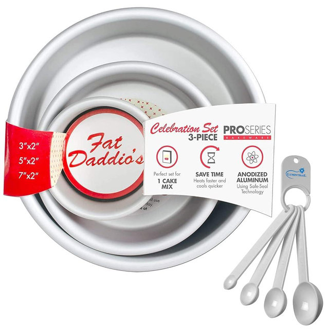 Lumintrail Fat Daddios Anodized Aluminum Round Cake Pan Celebration Set, Set of 3, Silver, 1-Box Mix, with a Measuring Spoon Set