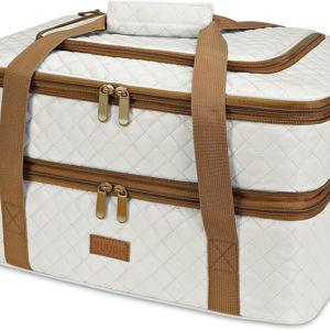 Vuudh Quilted Insulated Double Casserole Carrier - Thermal Lunch Tote for Potluck Parties, Picnic, Beach, Fits 9 x 18 Inches Baking Dish, Casserole Dish, Expandable (Beige)