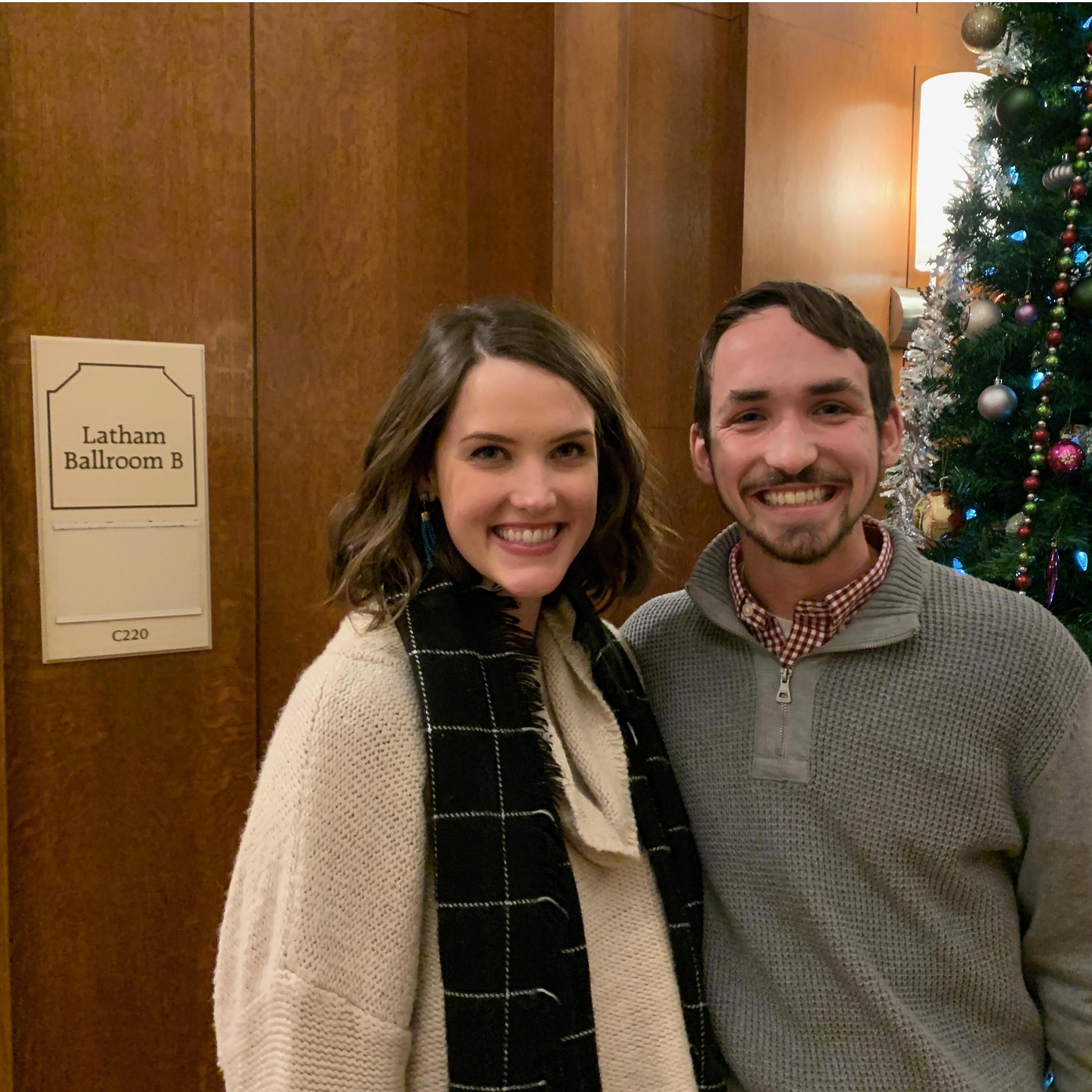We recreated our first picture at the Virginia Tech Inn! We took a photo in front of Ballroom B as a senior and junior in high school. Here we are as a newly engaged couple!