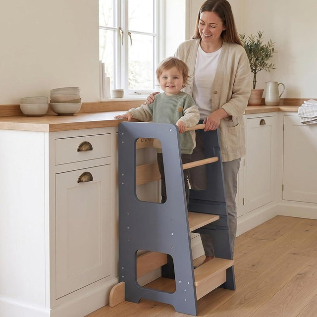 KYWAI Toddler Tower for Kids, Adjustable Wooden Standing Tower & Kitchen Step Stool, Anti-Tip Montessori Tower with Removable Safety Rails & Non-Slip Steps - Sustainable Reclaimed Wood (Gray)