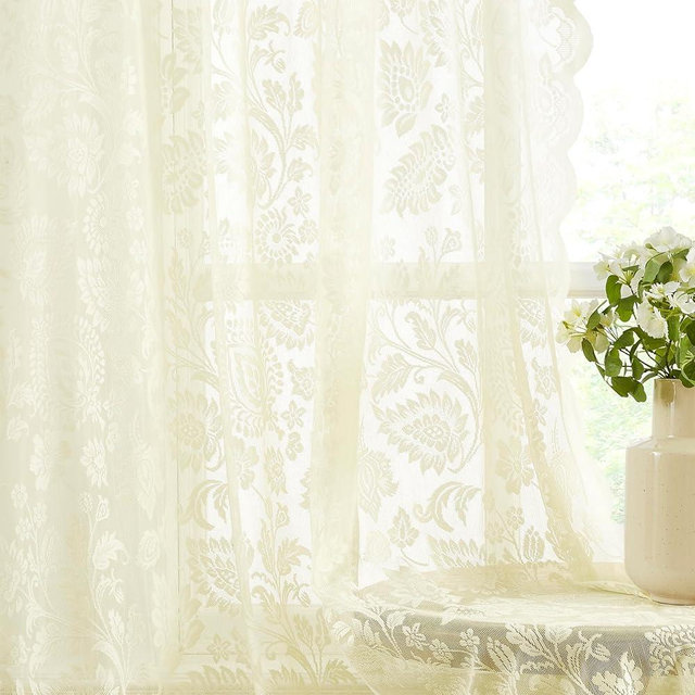 Bujasso Ivory Lace Sheer Curtains Leaf Floral Patterned Light Filtering Curtains 84 inches for Living Room Bedroom Elegant Scalloped Country Sheer Lace Drapes Rod Pocket 2 Panels 54" Wx84 L
