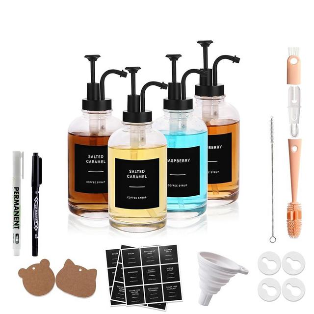 Coffee Syrup Dispenser,Coffee Bar Accessories,Syrup Dispenser for Coffee Bar,Syrup Dispenser with Pump,4-Pack,16.9 Ounce,Contains Multi-style Labels, Cleaning Tools, Funnel,Pen