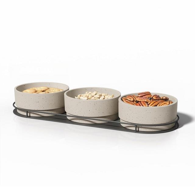 Libken Dip Serving Tray - Snack Platter Round - Ceramic Serving Tray - Chip & Dip Sets with 7 Stackable 3oz Bowls and 1x14 oz Bowl - Dishwasher, Microwave and Oven Safe (Scandinavian Design)