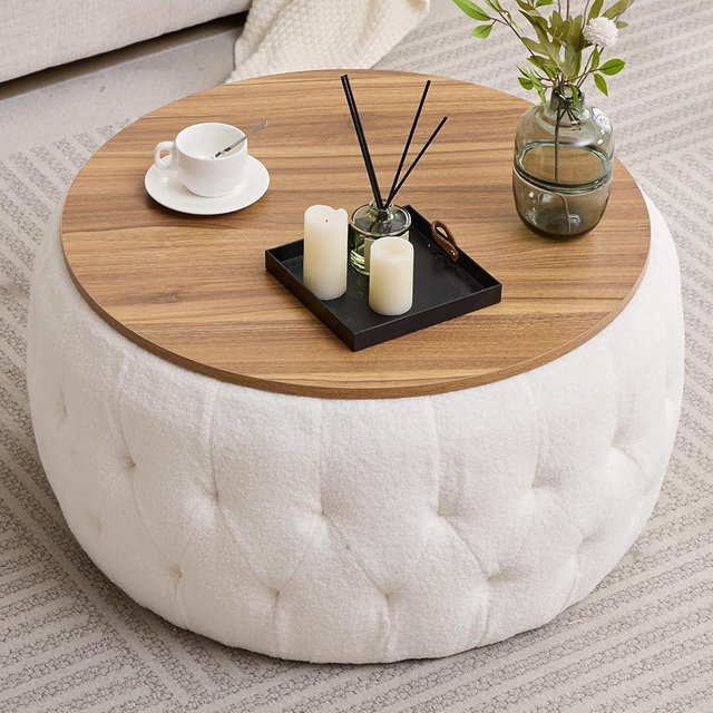 gusohey Round Storage Ottoman with Wooden Lid, Tufted Teddy Fabric Circle Ottoman Footrest Stool Bench Coffee Table for Living Room,White