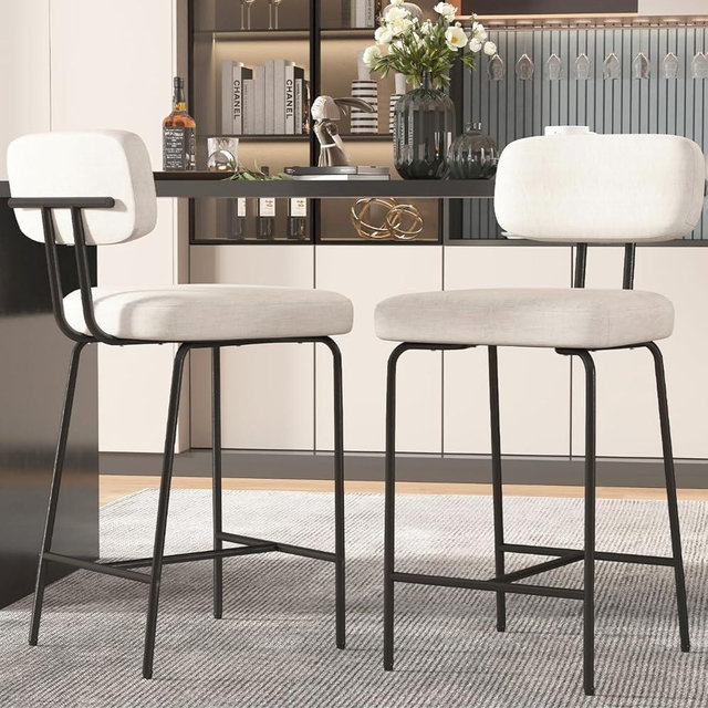 GXJ Counter Height Bar Stools Set of 2, 26" Barstools Set of 2, Fabric Kitchen Stools with Back Wide Seat Footrest Metal Legs, White Bar Chairs for Kitchen Island, Cafes, Dining Room