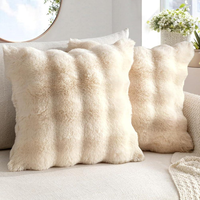 MIULEE Faux Fur Pillow Covers Thick Soft Plush Throw Pillows Luxury Spring Home Decor for Couch Bed Bedroom Living Room Sofa,18x18 Inch Pack of 2 Beige