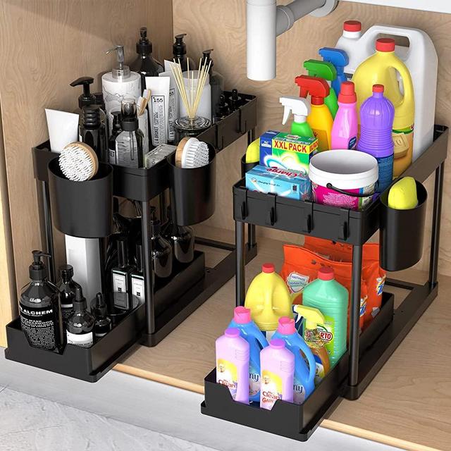 2 Pack Under Sink Organizers and Storage, 2 Tier Black Bathroom Cabinet Organizer with Sliding Drawer,4 Hooks,2 Cups, Under Sink Organizer for Kitchen, Bathroom Cabinet Organizers and Storage for Home