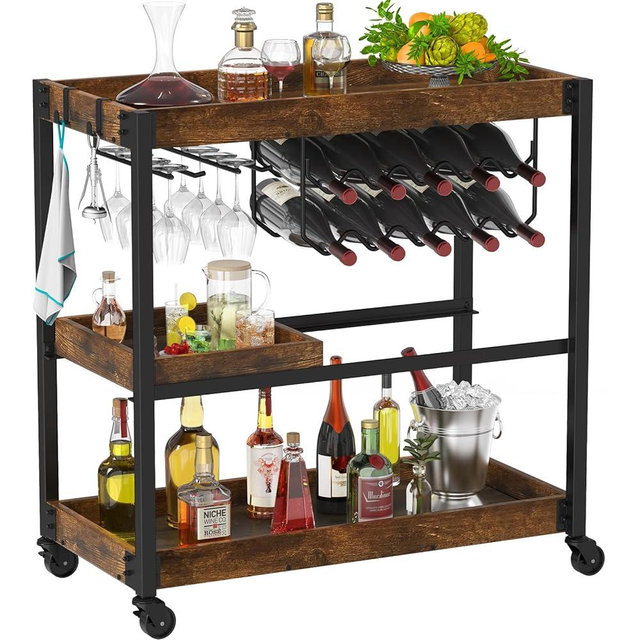 TomCare Bar Cart for Home Heavy Duty Serving Cart with Wheels Storage Shelves 3-Tier Rolling Beverage Carts with Wine Rack Glass Holder Adjustable Tray for Kitchen Living Room Dinning Room