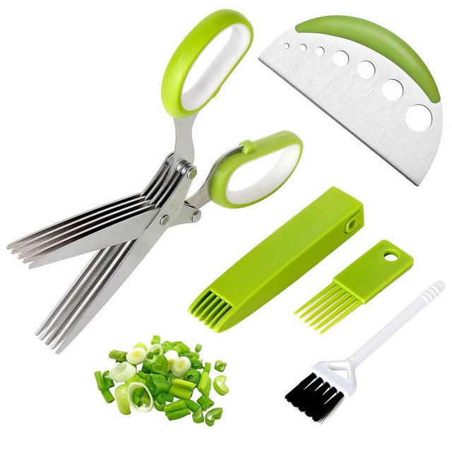Herb Scissors Salad Scissors, Upgrade Herb Scissors with 5 Blades and Cover + 2 Brush, Kitchen Salad Scissors with Herb Stripping, Multi Scissors Herb Cutter, Smart Cutter Food Scissors Chopper, Green