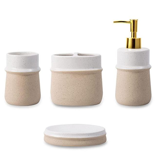 Bathroom Accessories Set,Farmhouse Bathroom Decor,4 Pcs Ceramic Gift Set Apartment Necessities, Contain Toothbrush Cup,Soap Dispenser,Soap Dish,Tumbler,Beige