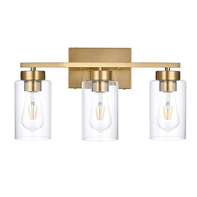A1A9 3-Light Bathroom Vanity Light, Modern Brushed Gold Wall Lights with Clear Glass Shades, Bathroom Wall Sconce Lamp for Mirror Living Room Bedroom Hallway
