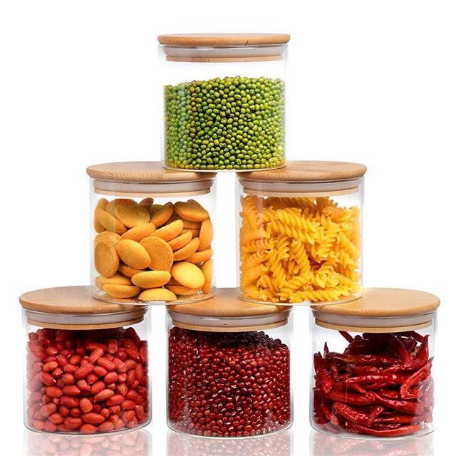 6 Piece Glass Storage Jars Set with Airtight Bamboo Lids and Labels, 20oz/600ml Glass Spice Jars Food Storage Containers for Home Kitchen,Pantry, Tea, Sugar, Salt, Coffee, Flour, Herbs, Grains