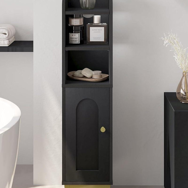 Hzuaneri Bathroom Storage Cabinet, Small Corner Floor Cabinet with Door and Shelves, Narrow Toilet Paper Cabinet, Bathroom Organizer with Adjustable Shelf, for Small Spaces, Black BC08206X