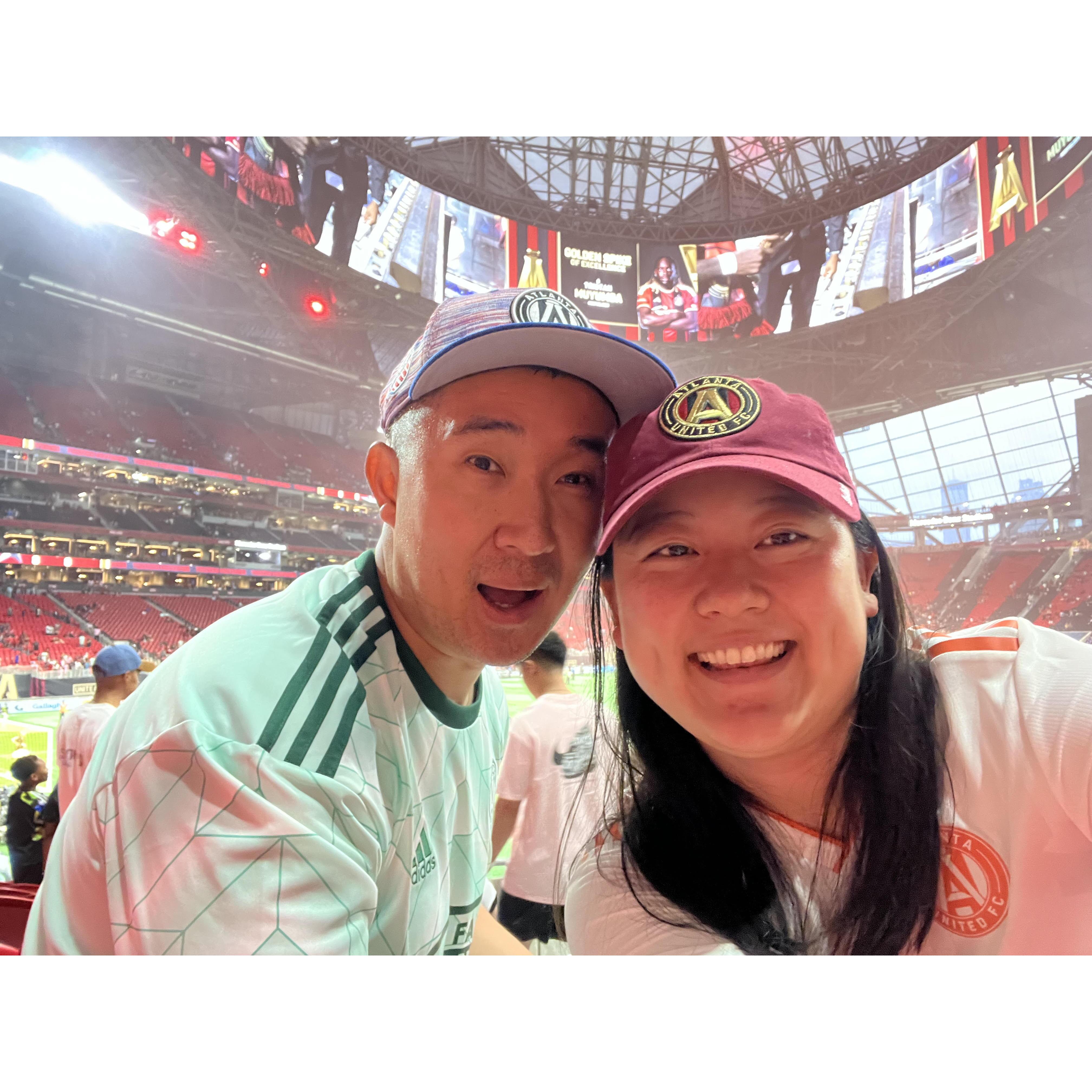 Our first Atlanta United game, wearing the hat he got me on our first date
