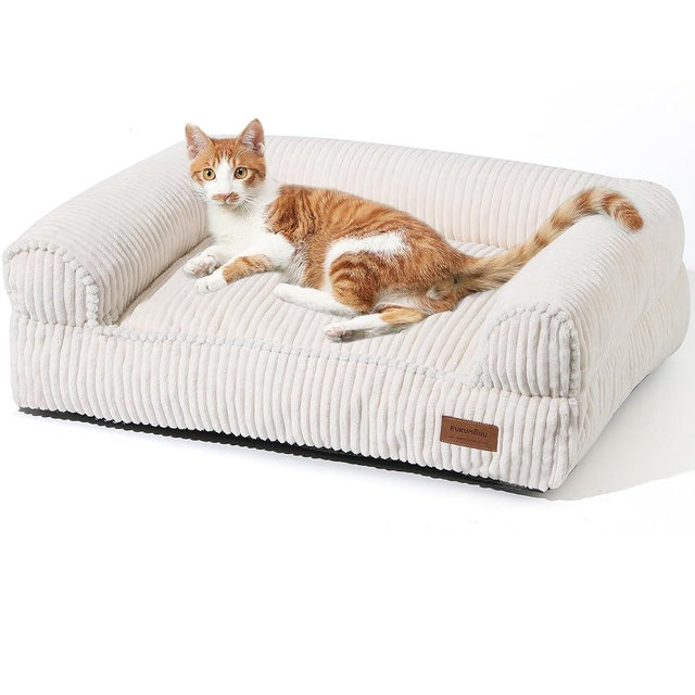 FUKUMARU Cat Couch Bed, Corduroy Cozy Cat Bed for Indoor Cats with Removable Washable Cover, Supportive Anti-Slip Dog Beds Sofa for Small Dogs Cute, 27inch, Medium, Cream