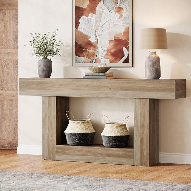 Tribesigns 63-Inch Long Console Table, 2-Tier Entryway Table Sofa Table with Storage, Farmhouse Wood Behind Couch Table for Living Room, Hallway, Light Gray