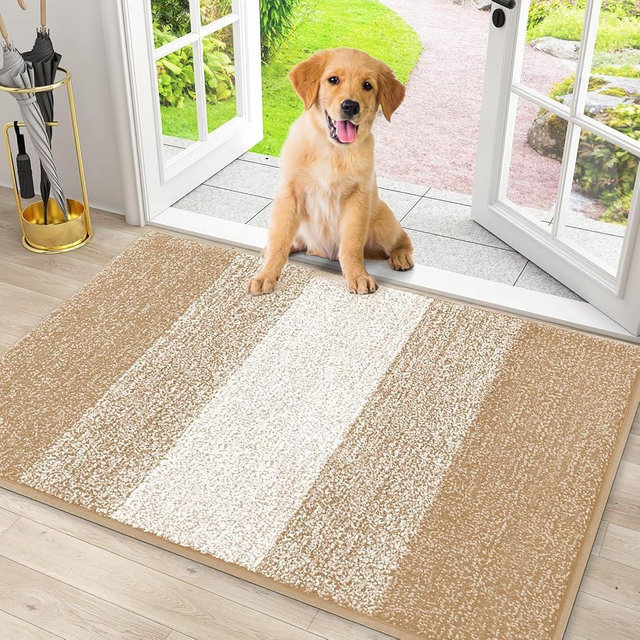Smiry Dog Door Mat for Muddy Paws, Absorbs Moisture and Dirt, Low-Profile Entryway Mat with Non-Slip Backing, Entry Indoor Outdoor Doormat for Inside Floor (30x20 Inches, Beige, Striped)