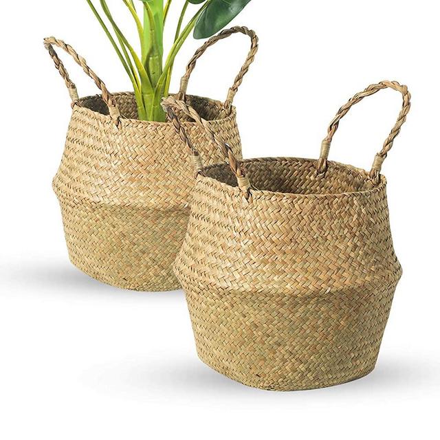 BrilliantJo Seagrass Belly Basket, Set of 2 Woven Plant Pot Holder Handmade Home Decor for Storage Plants Picnic Grocery Large(12.6 x 11.02 inch)