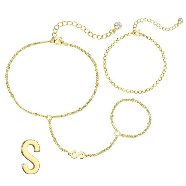 Ascona Initial Hand Chain Bracelet for Women-14K Gold Plated Ring Bracelet Hand Chain for Women Trendy,Dainty Letter A-Z Link Charm Stack Bracelets Set Jewelry Gifts