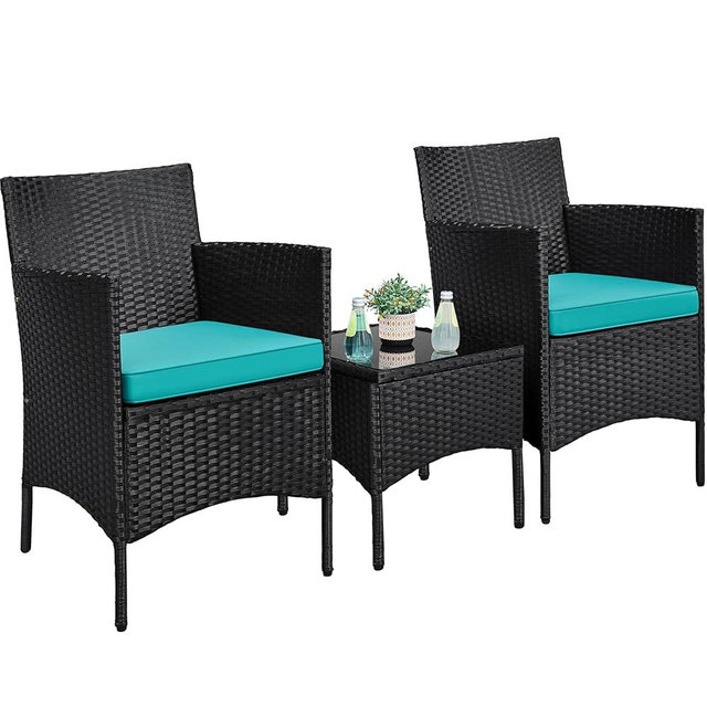 Yaheetech 3 Pieces Patio Porch Furniture Set, Outdoor PE Rattan Wicker Conversation Set with Soft Cushions, Glass Coffee Table & 2 Chairs for Garden/Deck/Courtyard/Poolside, Black/Cyan