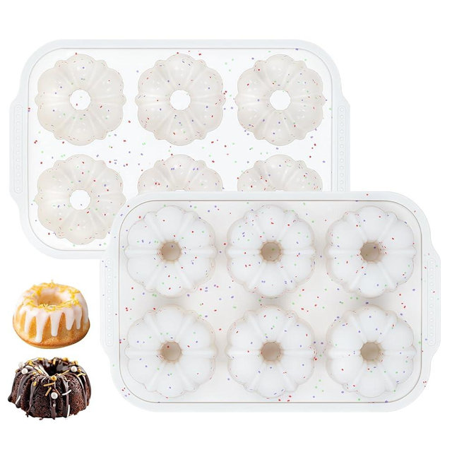 CAKETIME Mini Fluted Tube Pan with Metal Reinforced Frame, 6-Cavity Silicone Nonstick Small Cake Molds 2Pcs for Chocoflan, Donuts, Cornbread, Brownies, Jellies BPA Free