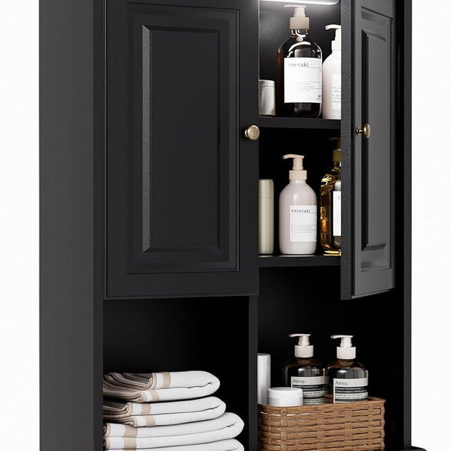 HAIOOU Bathroom Wall Cabinet with Motion Sensor LED Light, Wooden Medicine Cabinet Wall Mounted Cupboard, Over Toilet Storage Cabinet with Buffering Hinges and Adjustable Shelf - Black