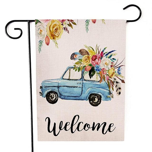 Ogiselestyle Welcome Garden Flag Double Sided Blue Car Flower Boho Style Summer Seasonal Outdoor Flag 12 x 18