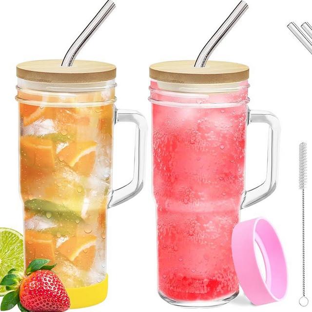 Glass Cups with Lids Straws 2Pack 24oz Mason Jar Tumblers Cup with Handle Wide Mouth Iced Coffee Cup Reusable Drinking Glasses Travel Mug for Smoothie Beer Juice Tea Clear