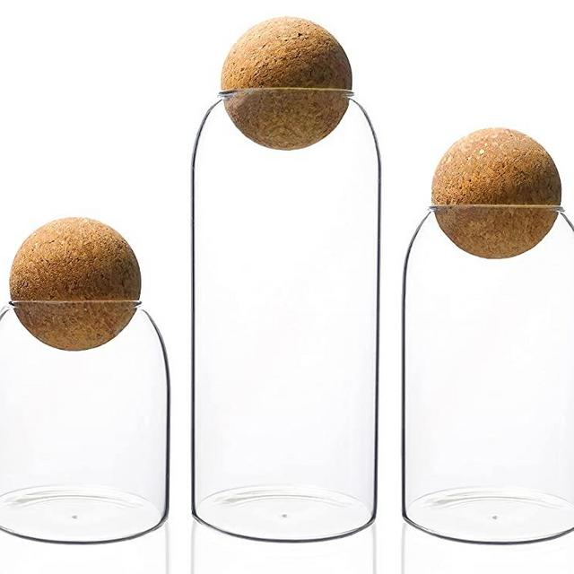 3 Pack Modern Clear Glass Storage Jar with Wood Ball Cork Lid Airtight Transparent Canister (17oz, 27oz, 40oz)
