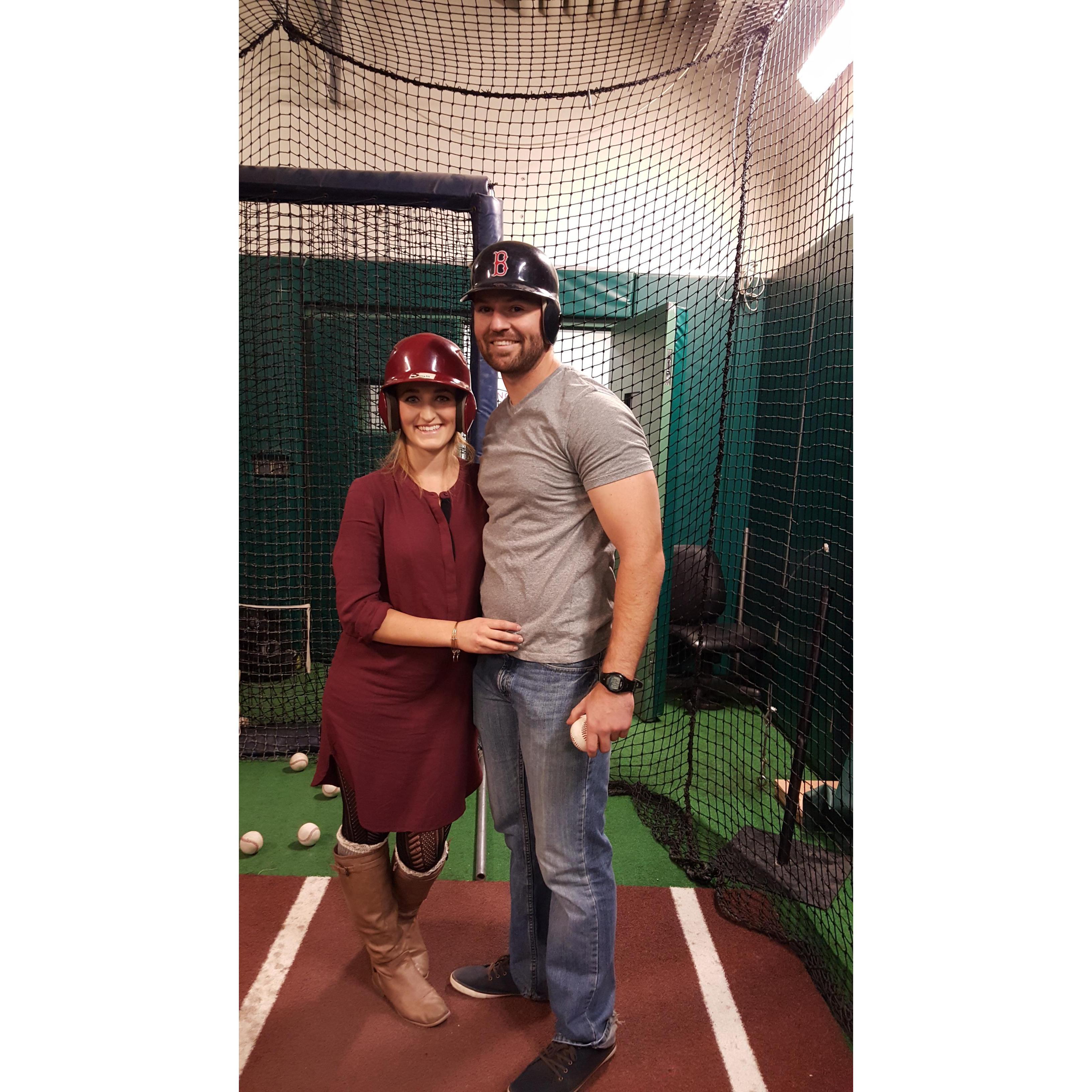 Stephen and Brittany in the Boston Red Sox batting cages.