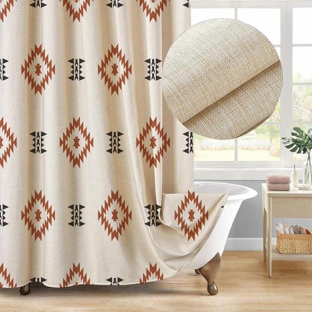 Jimuzi Southwest Linen Shower Curtain Aztec Geometric Stripes Fabric Shower Curtain Set with Hooks, Boho Western Shower Curtains for Bathroom, 71x71 Bath Curtain, Brown