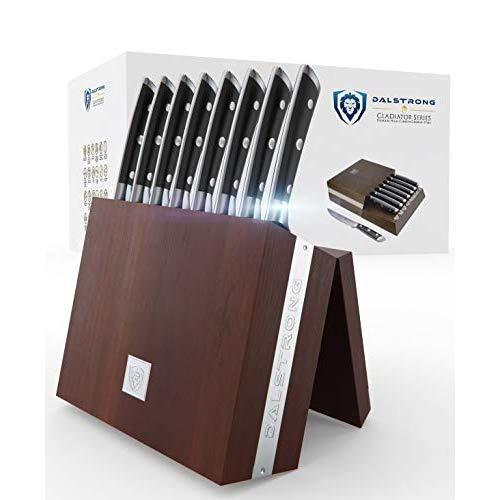 DALSTRONG Steak Knives Folding Block Set - Gladiator Series - Forged German ThyssenKrupp HC Steel - 8-Piece - Straight-Edge - G10 Premium Handles