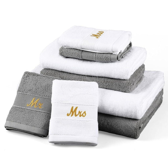 Peryiter 6 Pcs Mr and Mrs Themed Towel Set Honeymoon Gifts for Couples Bride Groom 100% Cotton Travel Bathroom Towel Wedding Gift for Bridal Shower(Gray and White)