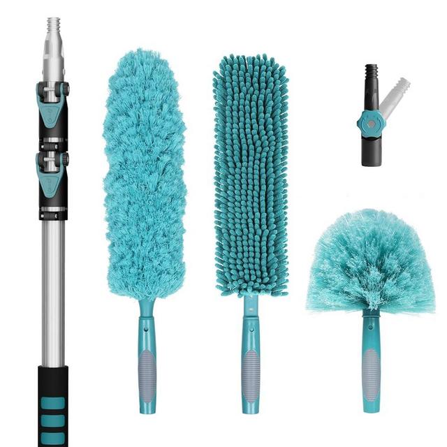 TelesPro High-Reach Duster Kit with 5-12FT Extendable Pole - High Ceiling Duster Cleaning Kit with Telescopic Pole,Cobweb Duster, Chenille Ceiling Fan Duster, Microfiber Feather Duster.