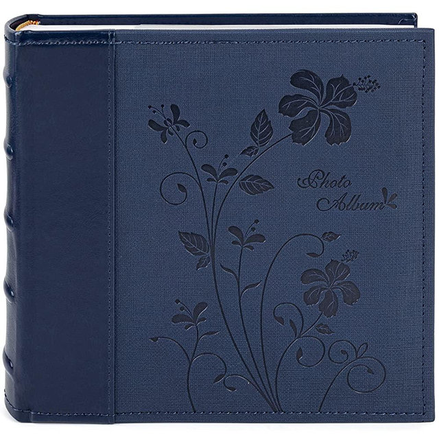 Golden State Art, Photo Album holds 200 4x6 Horizontal Pictures with Memo Space, 2 Per Pages, Faux Leather Vintage Inspired Cover for Wedding Family Baby Christmas Vacation Graduation(Blue)