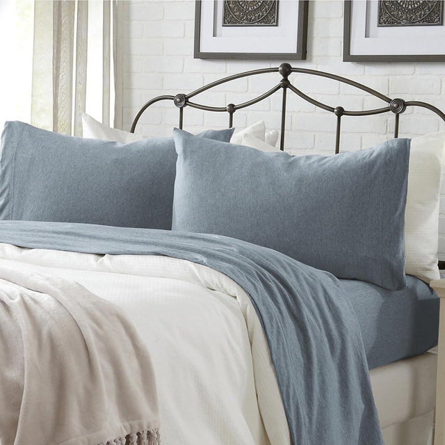 4 Piece Jersey Knit King Cotton Blend Blue Sheet Set | Ultra-Soft T-Shirt Jersey Bedding Sheets & Pillowcases | Heathered, Breathable, All Season Bed Sheets (King, Denim Blue)