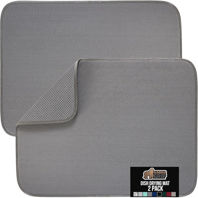 GORILLA GRIP Ultra Water Absorbent Microfiber Dish Drying Mat 2 Pack, Quick Dry Thick Mesh, Slip Resistant Pad for Sink Dishes or Under Rack, Kitchen Counter Accessories, Machine Wash, 18x16, Gray
