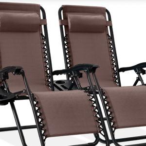 Set of 2 Adjustable Zero Gravity Patio Chair Recliners w/ Cup Holders- Brown