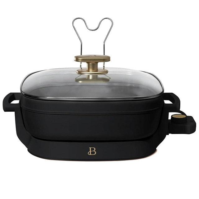 Beautiful 5 in 1 Electric Skillet - Expandable up to 7 Qt with Glass Lid, by Drew Barrymore (Black Sesame)