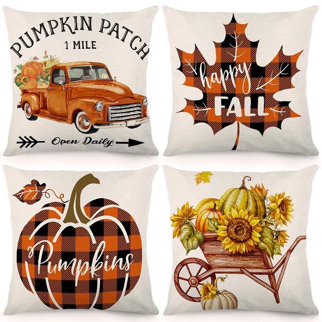 CDWERD Fall Pillow Covers Fall Decorations 18x18 Inches Buffalo Check Plaid Throw Pillowcase Farmhouse Autumn Theme Thanksgiving Cushion Case for Home Decor Set of 4