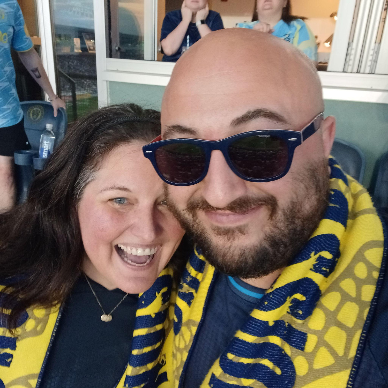 Justin and Amy in a suite for the Atlanta-Union game 4/19/25
