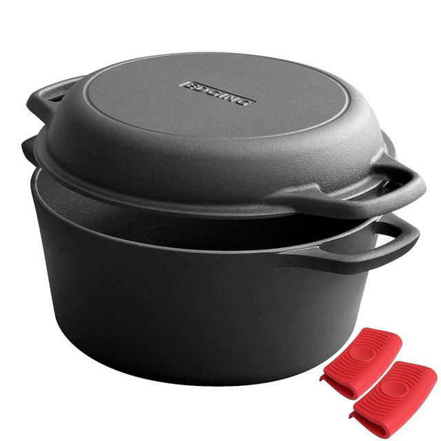EDGING CASTING 2-in-1 Pre-Seasoned Cast Iron Dutch Oven Pot with Skillet Lid Cooking Pan, Cast Iron Skillet Cookware Pan Set with Dual Handles Indoor Outdoor for Bread, Frying, Baking, Camping, 7QT