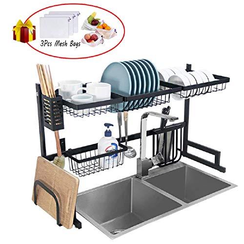 Dish Drying Rack Over Sink Kitchen Supplies Storage Shelf Countertop Space Saver Display Stand Tableware Drainer Organizer Utensils Holder Stainless Steel, Black