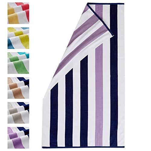 Great Bay Home Oversized Reversible Plush Velour 100% Cotton Beach Towel. Cabana Stripe Pool Towel for Adults 40" x 70". Hermosa Collection (Navy/Lilac)