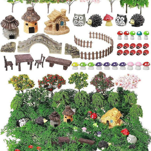 Canlierr 58 Pcs Mini Garden Accessories Set Fairy Village Miniature Fairy House Starter Kit Mini Terrarium Figurines Micro Landscape Mixed Model Tree Diorama Supplies for DIY Succulent Dollhouse Craft