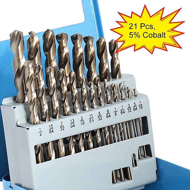 COMOWARE Cobalt Drill Bit Set- 21Pcs M35 High Speed Steel Twist Jobber Length for Hardened Metal, Stainless Steel, Cast Iron and Wood Plastic with Metal Indexed Storage Case, 1/16"-3/8"