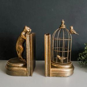 Antique Gold Curious Cat Birdcage Bookends
